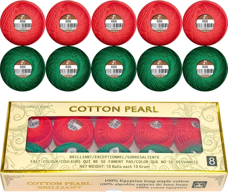 colored bird Double Mercerized Egyptian Long Staple Cotton Pearl Thread Ball 10 Grams Rainbow Color Embroidery Thread 10 Colors per Box for Crochet Hardanger Cross Stitch Hand Embroidery,red Green - Image 1